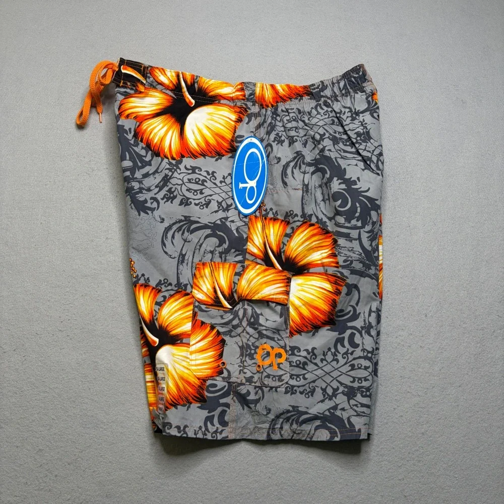 OP Board Shorts Mens XL Grey Orange Hibiscus Floral Vintage Y2K NWT Cargo‎ Surf